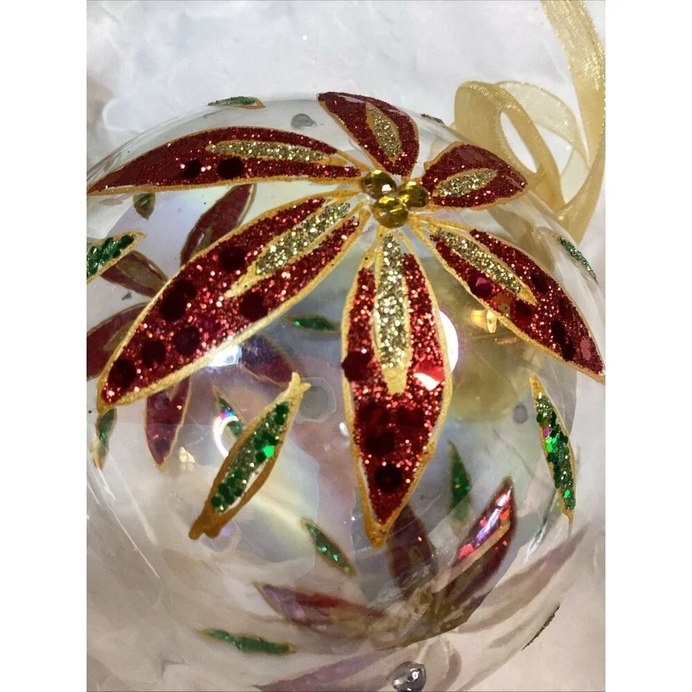 Hand-Blow & Painted Poinsettia  Art Glass Christmas Ornament Set Glitter & Gold